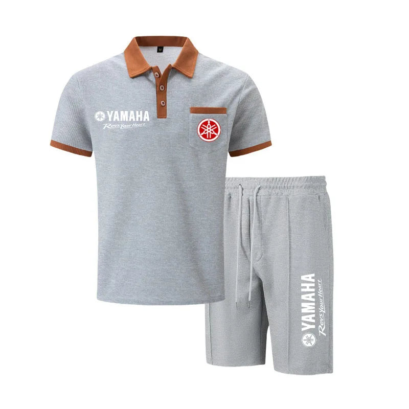 Yamaha Men's Multi-Color Waffle Knit Short Sleeve & Shorts Set, Casual Breathable Sweat-Absorbent Polo Outfit Daily Street Wear.