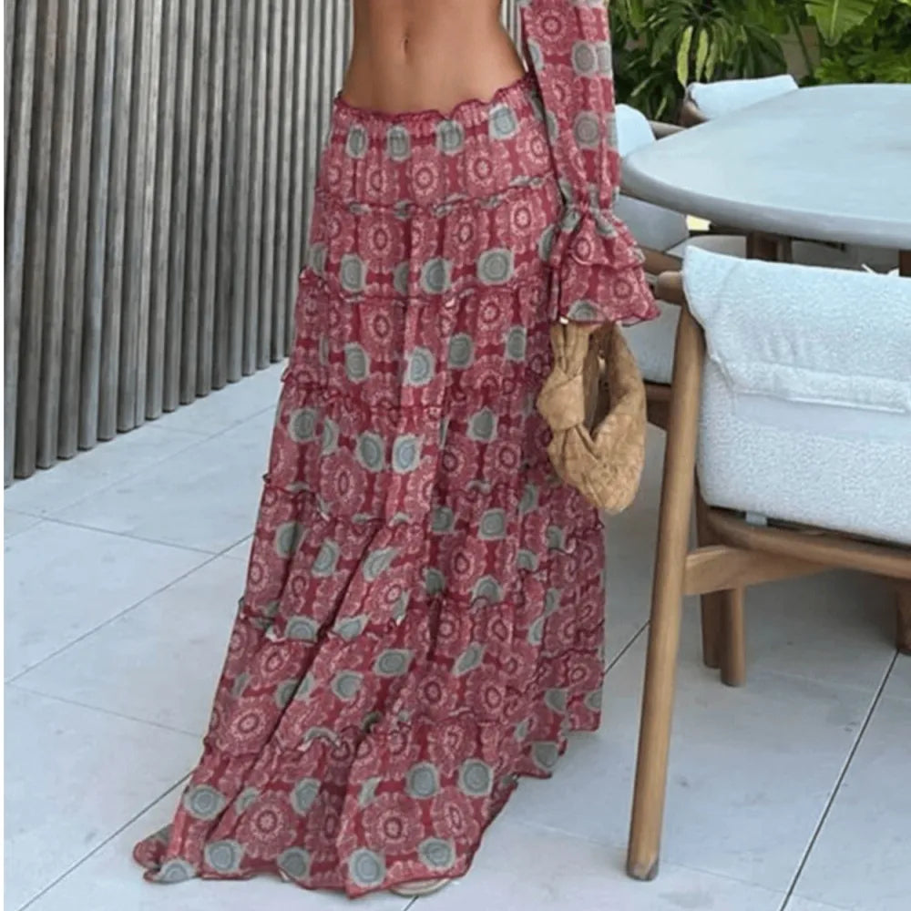 Vintage Print Skirt Two Piece Set Women Sexy Off Shoulder Cropped Top A-line Skirts 2 Piece Sets Fashion Vacation Style Clothing