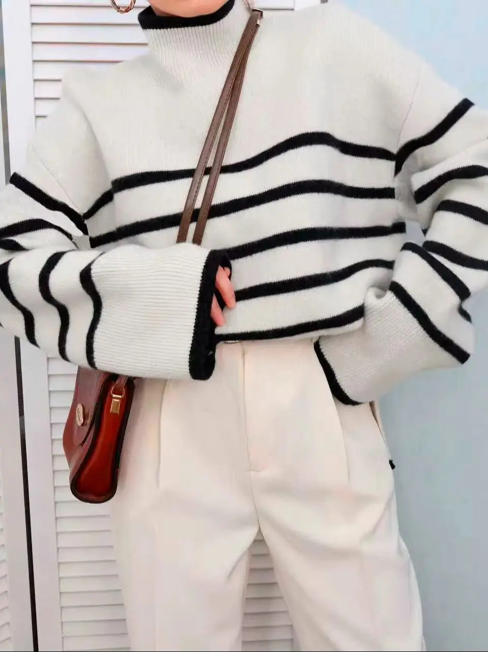 Women's Black and White Striped High Neck Sweater – Oversized Loose Fit Thick Knit Pullover, Long Sleeve Drop Shoulder Top for F