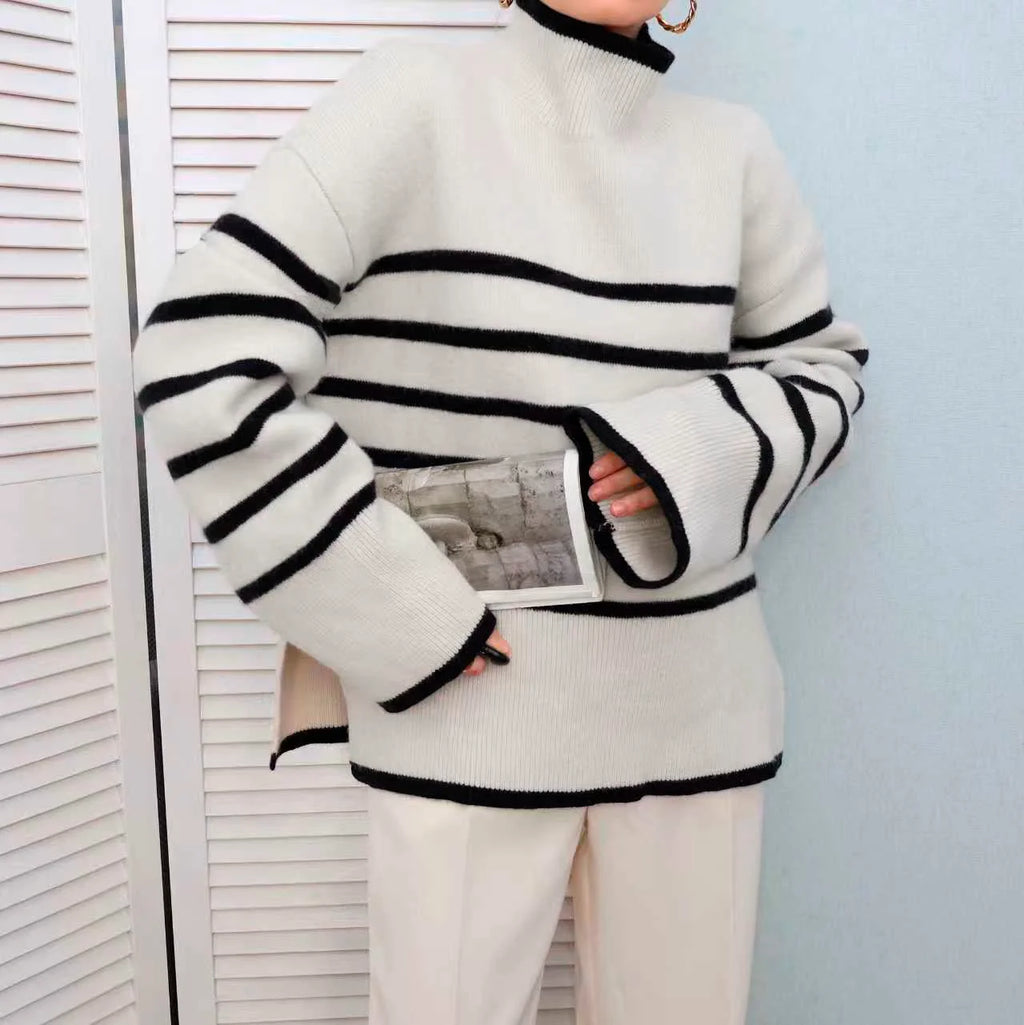Women's Black and White Striped High Neck Sweater – Oversized Loose Fit Thick Knit Pullover, Long Sleeve Drop Shoulder Top for F