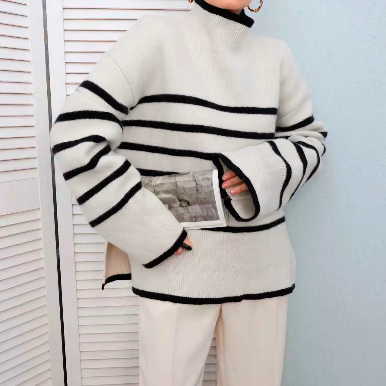 Women's Black and White Striped High Neck Sweater – Oversized Loose Fit Thick Knit Pullover, Long Sleeve Drop Shoulder Top for F