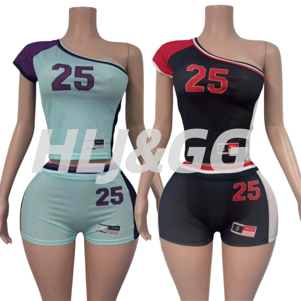 HLJ&GG Fashion Y2K Letter Print One Shoulder Sporty Two Piece Sets Women Sleeveless Slim Crop Top And Shorts Outfits Streetwear