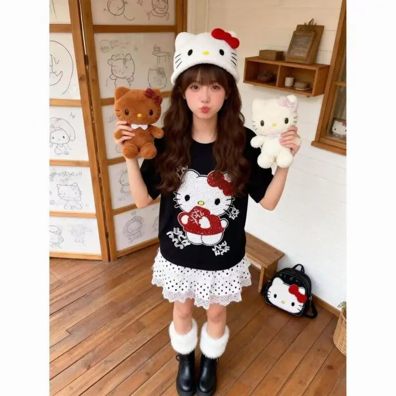 Cute Short-Sleeved Hello Kitty Summer New Style Cartoon Sequined Towel Embroidered T-Shirt for Women Popular Tops Fashionabl