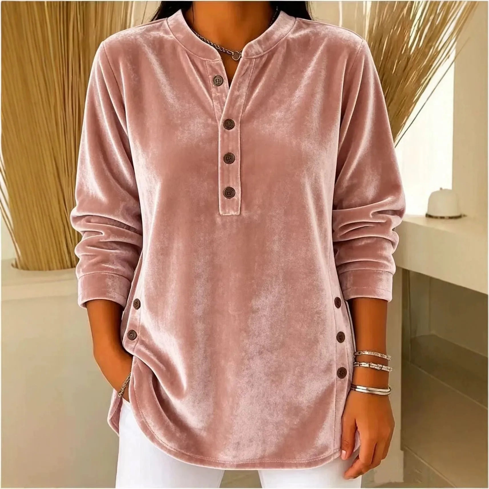 Women's Winter Blouse Longsleeve Velvet V Neck T Shirt Casual Split Hem Patchwork Top Light Blue Dusty Pink Lavender Purple