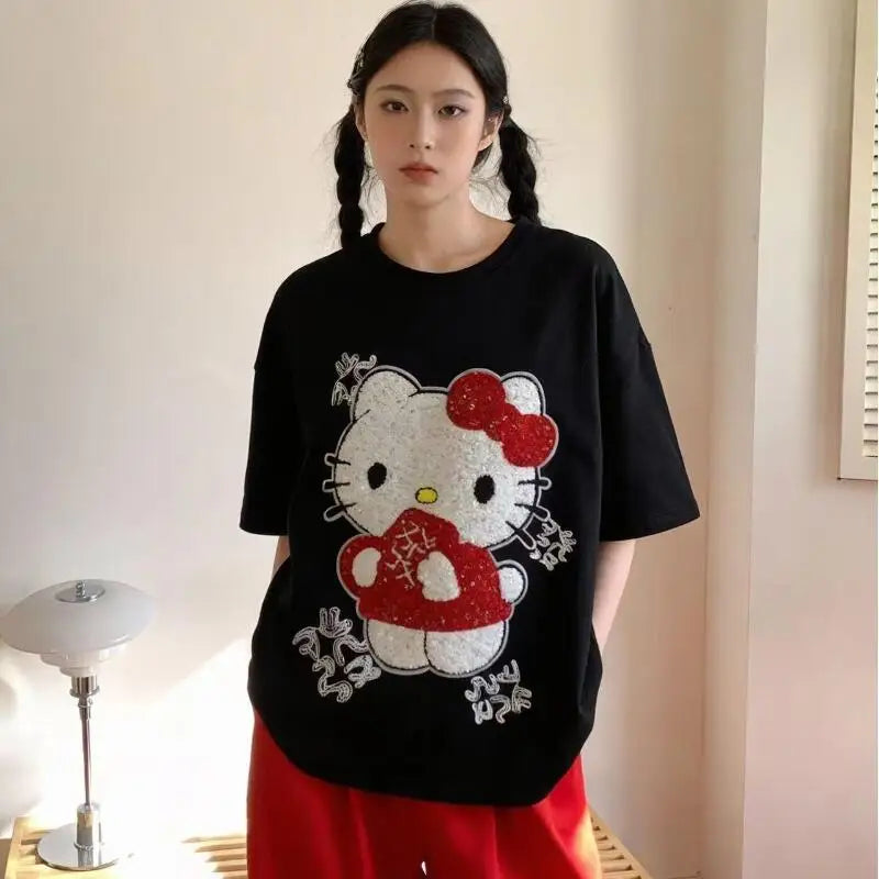 Cute Short-Sleeved Hello Kitty Summer New Style Cartoon Sequined Towel Embroidered T-Shirt for Women Popular Tops Fashionabl