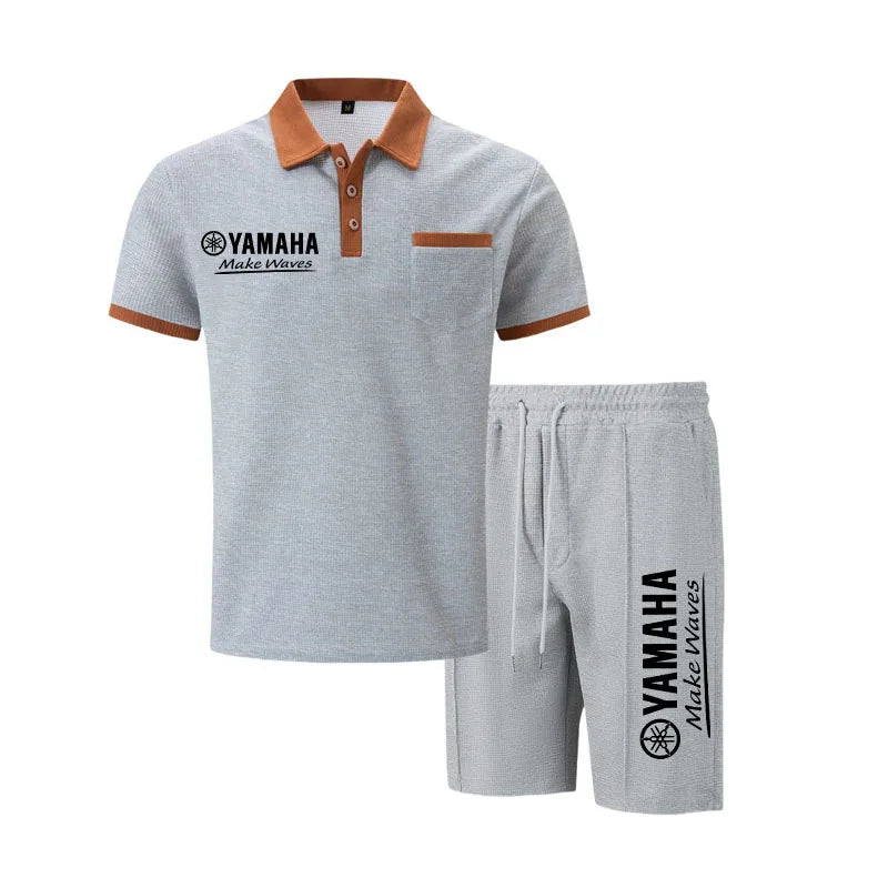 Yamaha Men's Multi-Color Waffle Knit Short Sleeve & Shorts Set, Casual Breathable Sweat-Absorbent Polo Outfit Daily Street Wear.
