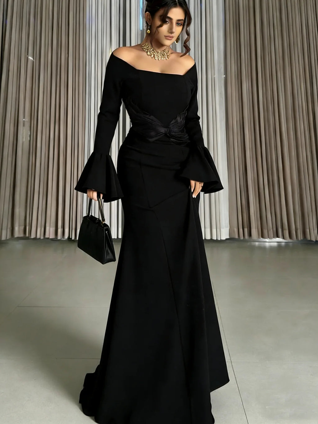 Women's Off Shoulder Mermaid Evening Dress Long Flare Sleeve Formal Party Gown
