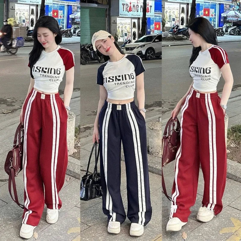 Fashion Suit Women's Summer New Shoulder Sleeves Short-sleeved T-shirt High Waist Wide Leg Pants Street Two-piece Set