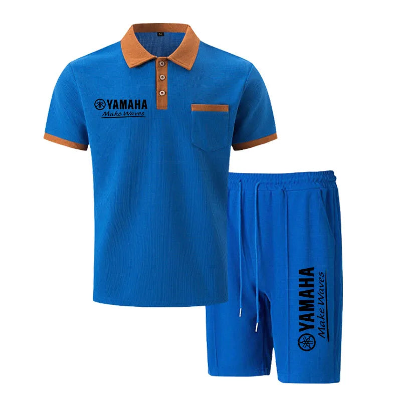 Yamaha Men's Multi-Color Waffle Knit Short Sleeve & Shorts Set, Casual Breathable Sweat-Absorbent Polo Outfit Daily Street Wear.