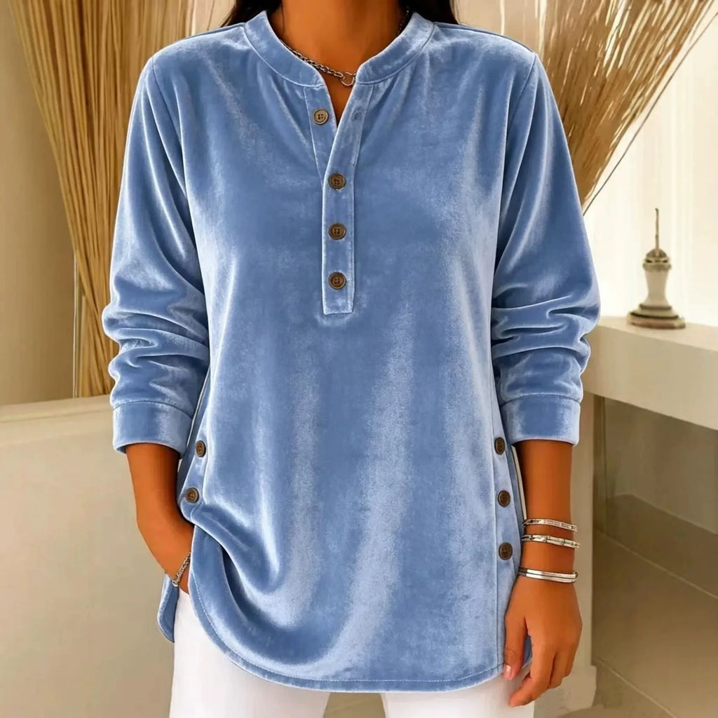 Women's Winter Blouse Longsleeve Velvet V Neck T Shirt Casual Split Hem Patchwork Top Light Blue Dusty Pink Lavender Purple