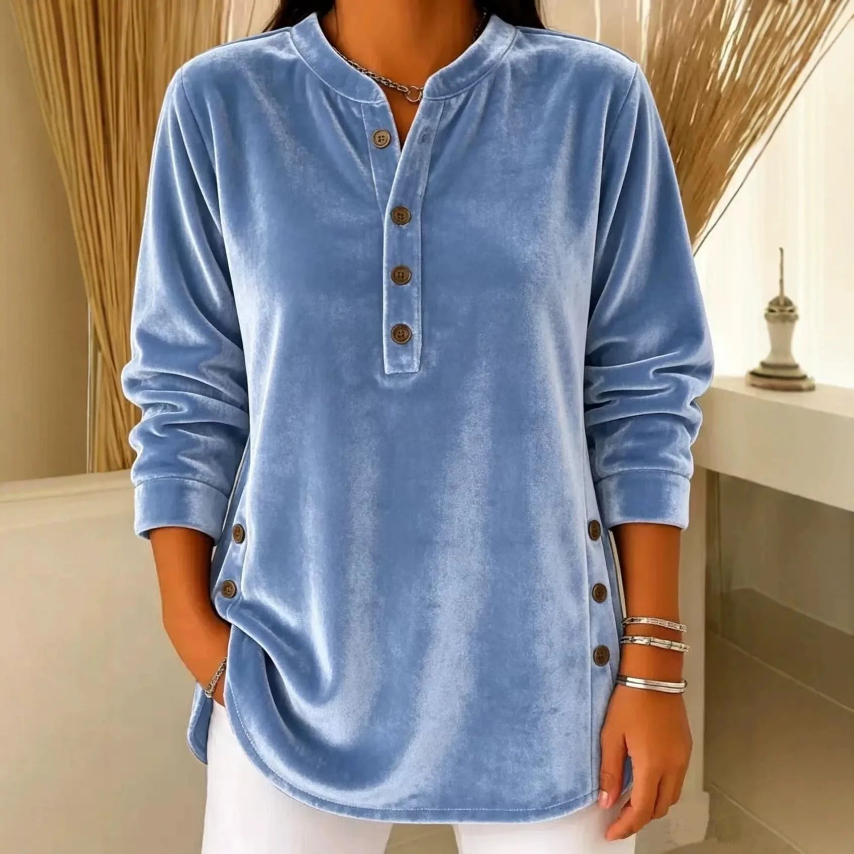 Women's Winter Blouse Longsleeve Velvet V Neck T Shirt Casual Split Hem Patchwork Top Light Blue Dusty Pink Lavender Purple