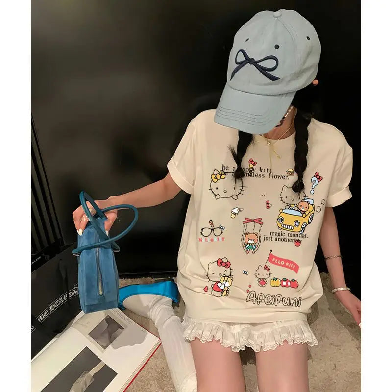 Summer Hello Kitty Cartoon Print Casual Versatile Popular Women's Tops Pure Cotton Short-Sleeved T-Shirt Large Size Women's Ins