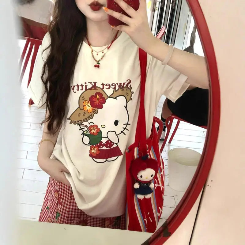 Short-Sleeved T-Shirt Summer New Hello Kitty Printed Cartoon Cute Sanrio Half-Sleeved T-Shirt Pure Cotton Shirt Women's Tops