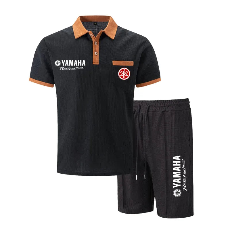 Yamaha Men's Multi-Color Waffle Knit Short Sleeve & Shorts Set, Casual Breathable Sweat-Absorbent Polo Outfit Daily Street Wear.