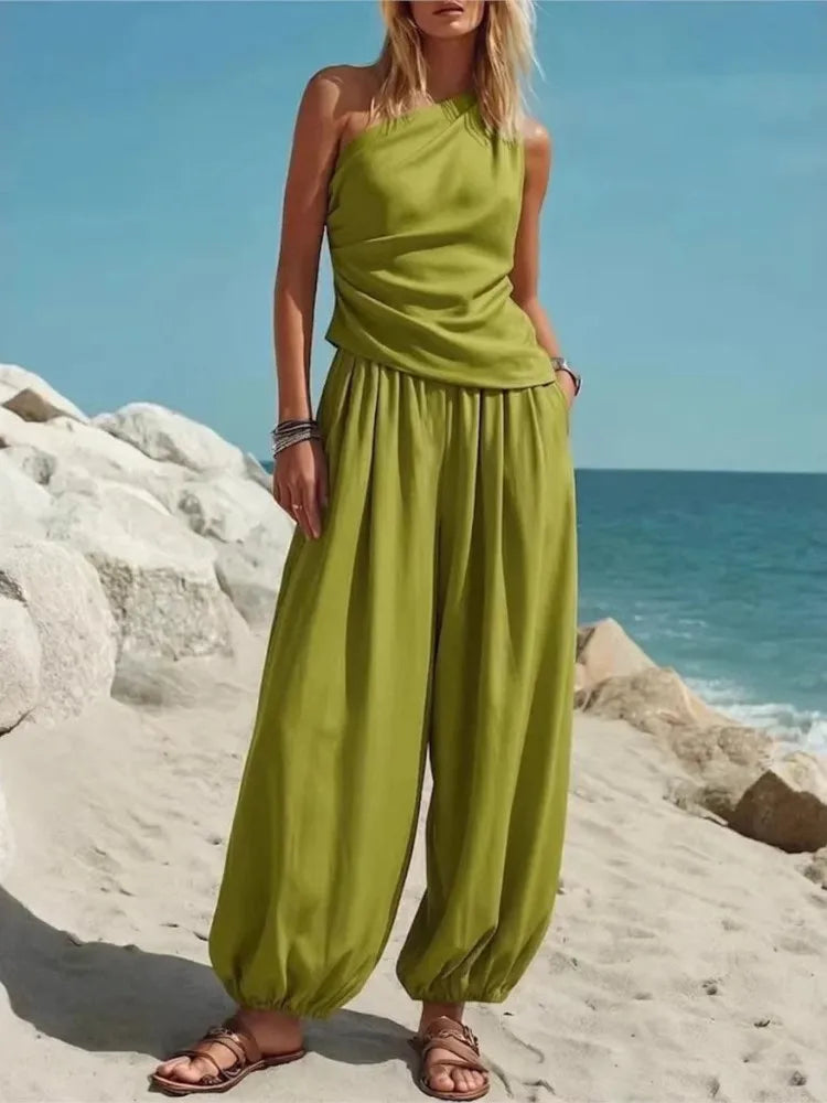 Fashion Slanted Shoulder Sleeveless Women's Tops Trousers 2 Piece Set Summer Casual Loose Wide-leg Trousers Female Vacation Set