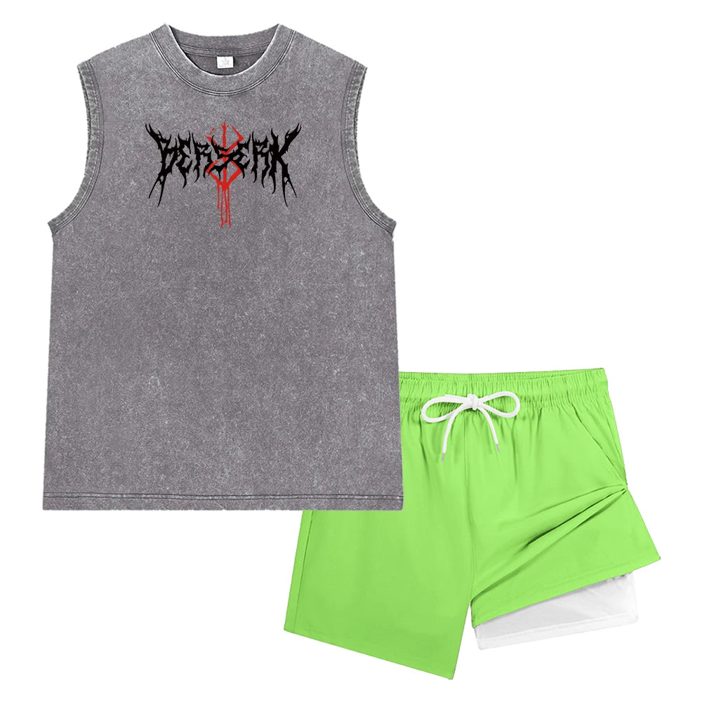 Men Vintage Washed Sleeveless Tank Top Double Layer Compression Liner Drawstring Beach Shorts Spiky Blackmetal Typography Print