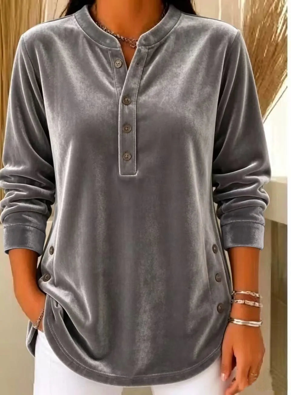 Women's Winter Blouse Longsleeve Velvet V Neck T Shirt Casual Split Hem Patchwork Top Light Blue Dusty Pink Lavender Purple