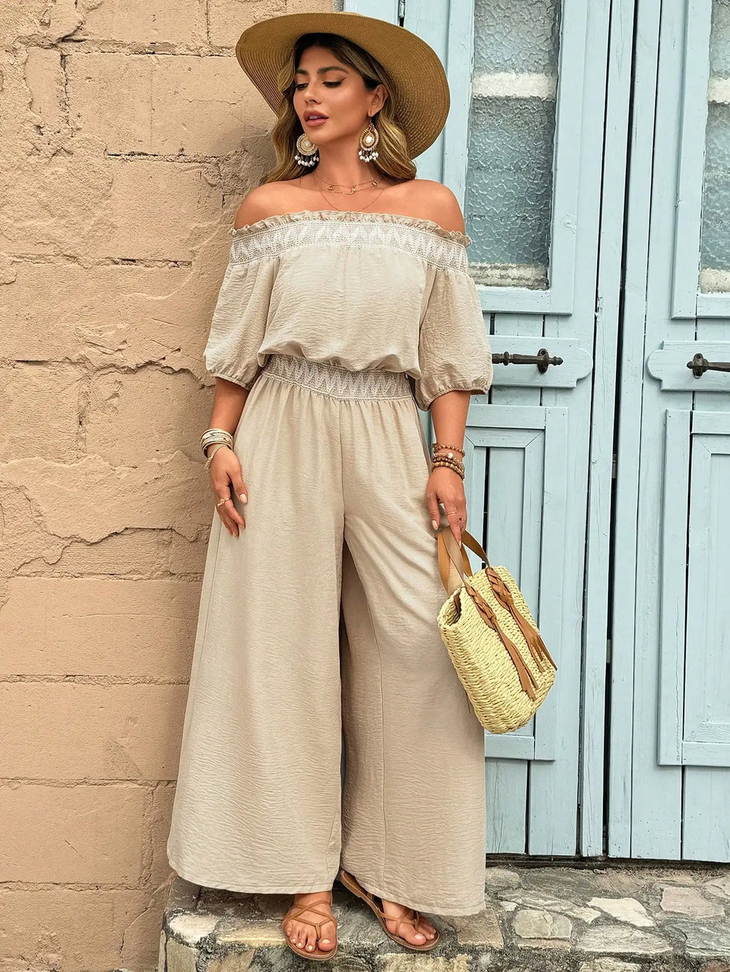Women's Off-Shoulder Wide Leg Jumpsuit - Beige Textured Fabric with Lace Waistband for Summer & Resort Wear