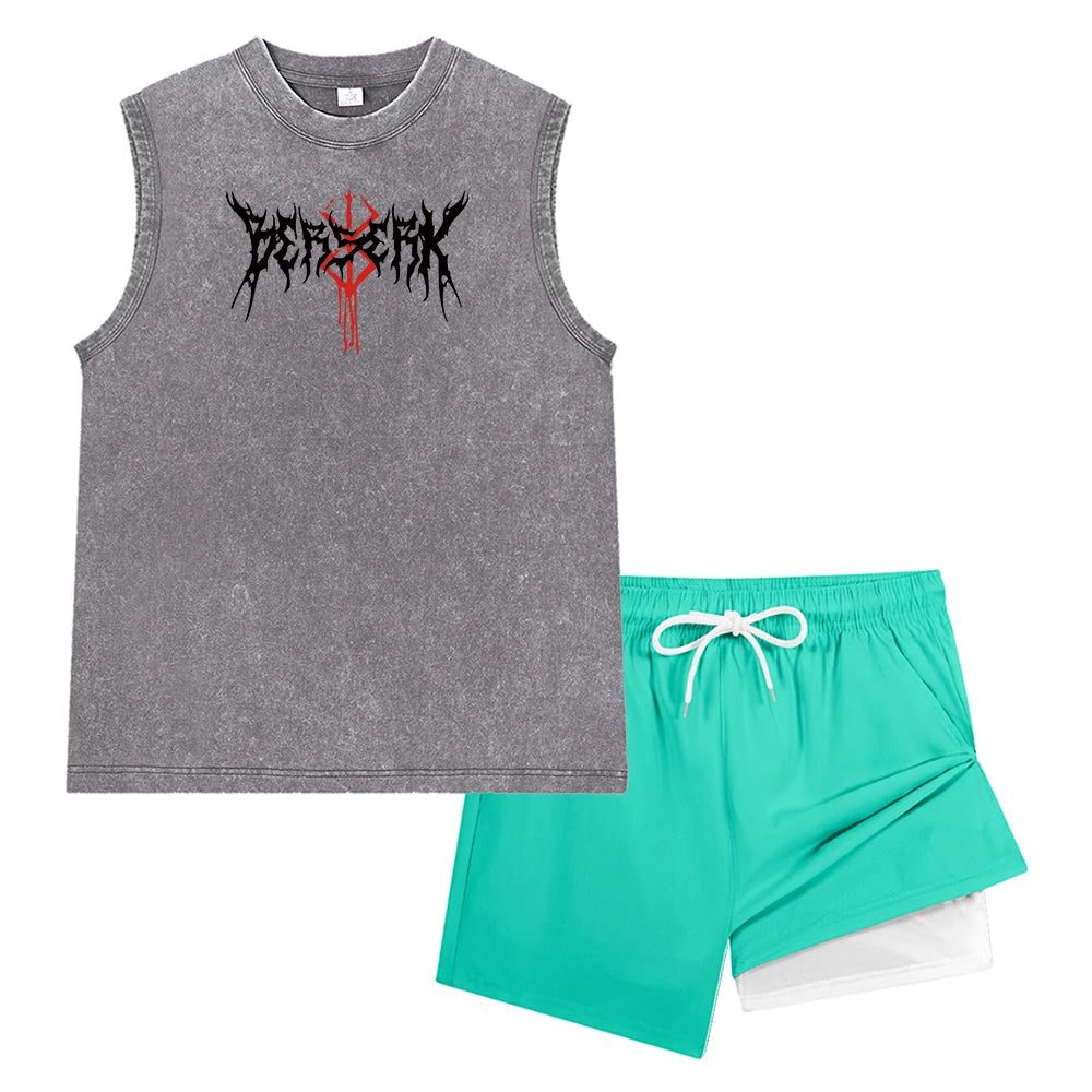 Men Vintage Washed Sleeveless Tank Top Double Layer Compression Liner Drawstring Beach Shorts Spiky Blackmetal Typography Print