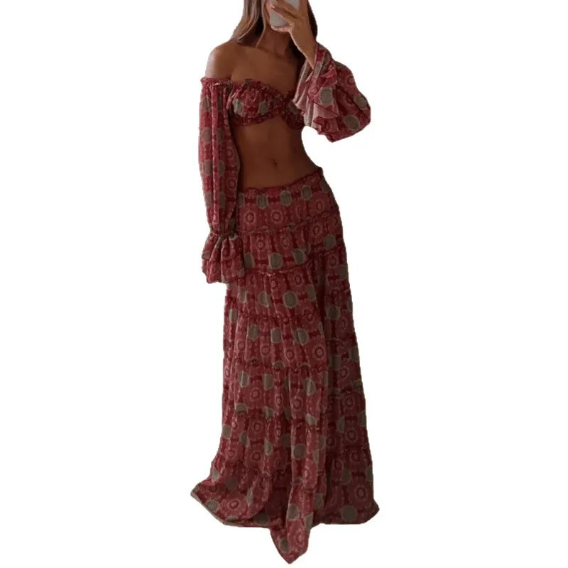 Vintage Print Skirt Two Piece Set Women Sexy Off Shoulder Cropped Top A-line Skirts 2 Piece Sets Fashion Vacation Style Clothing