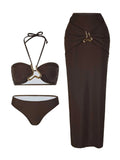 Women Sleeveless Tankini Bikini Halter Neck High Waist Two Piece Swimsuit Ruched Wrap Front Swimwear Set with Solid Color Bottom