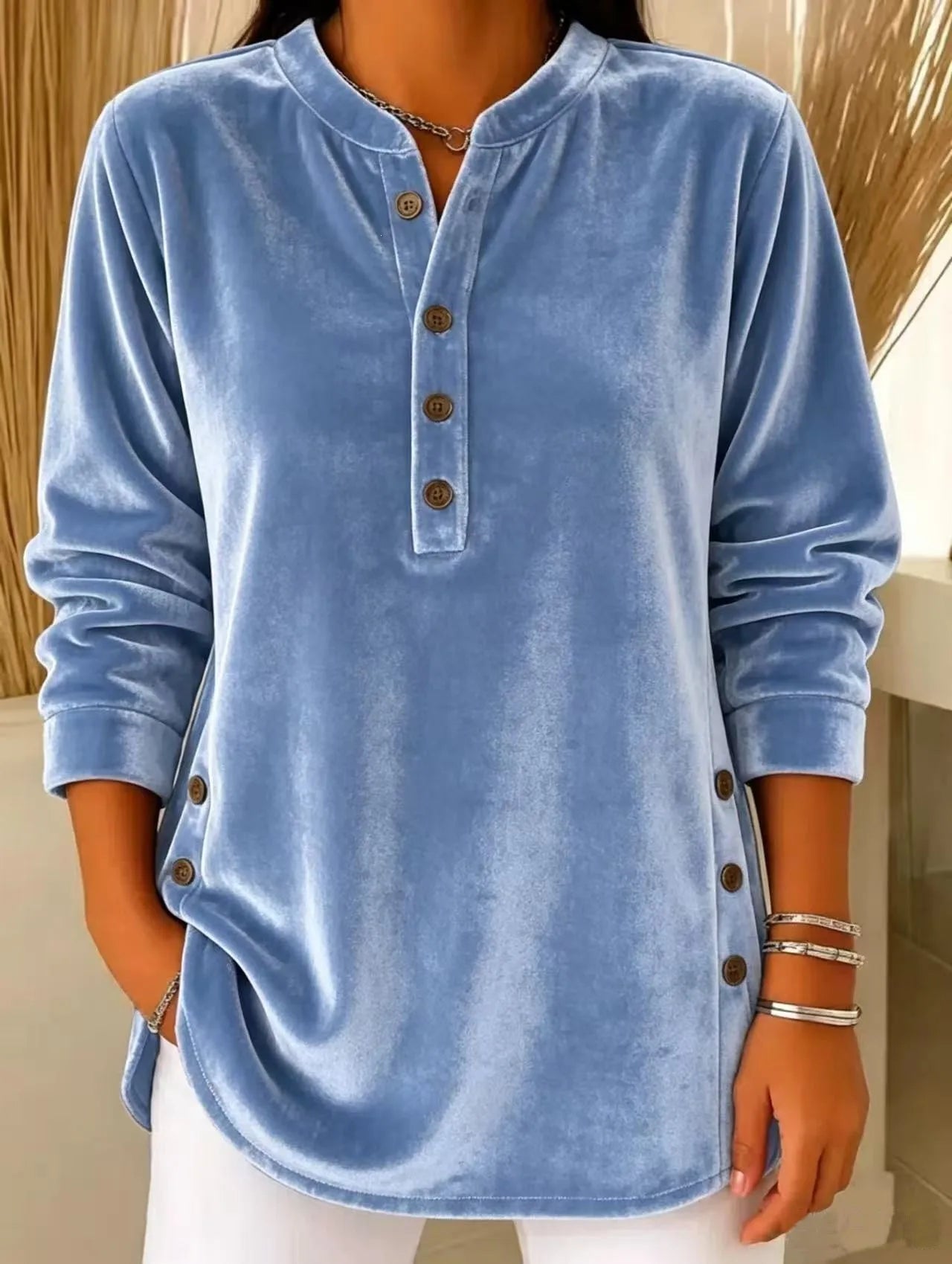 Women's Winter Blouse Longsleeve Velvet V Neck T Shirt Casual Split Hem Patchwork Top Light Blue Dusty Pink Lavender Purple