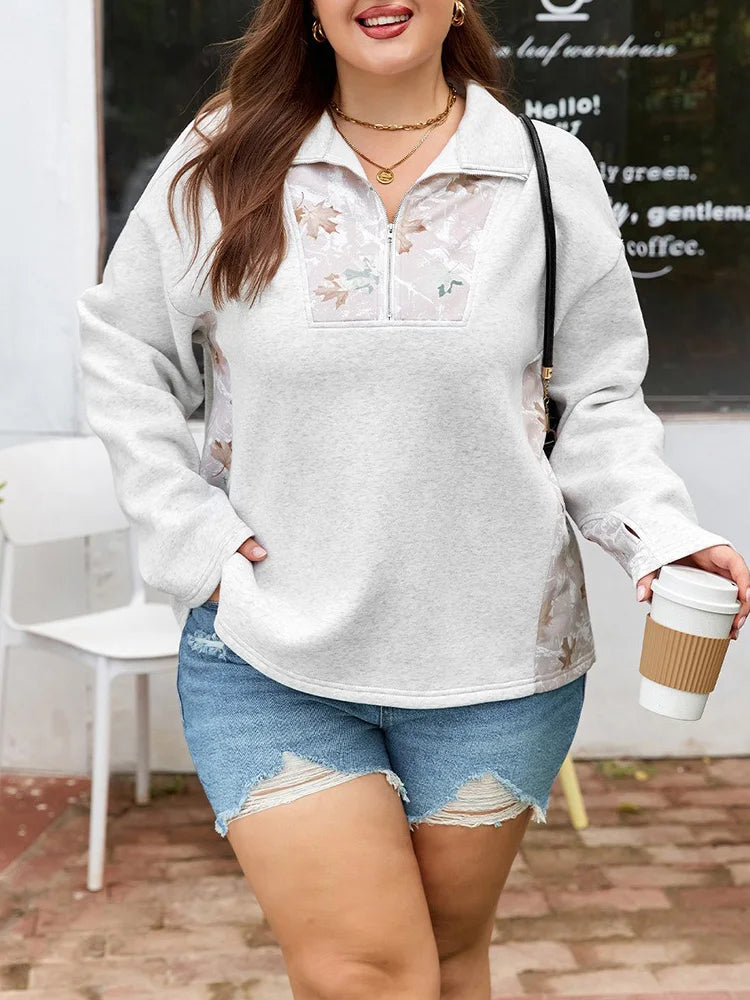 GIBSIE Plus Size Stand Collar Printed Zipper Front Pullover Hoodie Women Casual Long Sleeve All Match Woman Sweatshirts 2025 New
