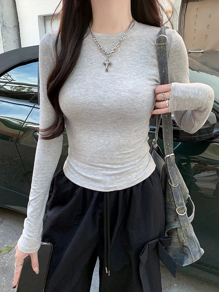 Women Cropped Long Sleeve T Shirts Slim Fitted Y2K Basic Layering Tops Sexy Figure-Hugging Going Out Long Sleeve Blouses
