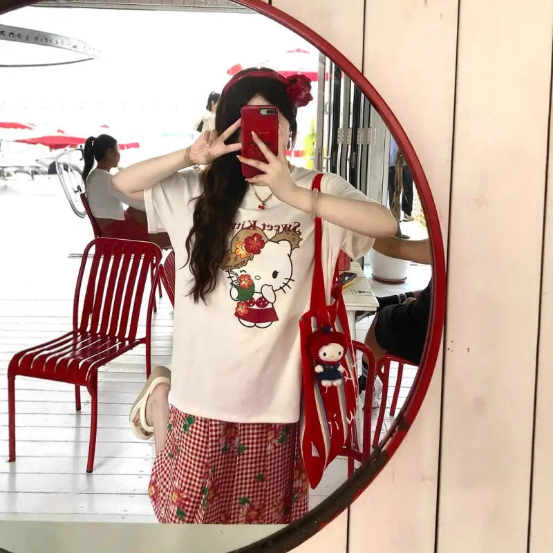 Short-Sleeved T-Shirt Summer New Hello Kitty Printed Cartoon Cute Sanrio Half-Sleeved T-Shirt Pure Cotton Shirt Women's Tops