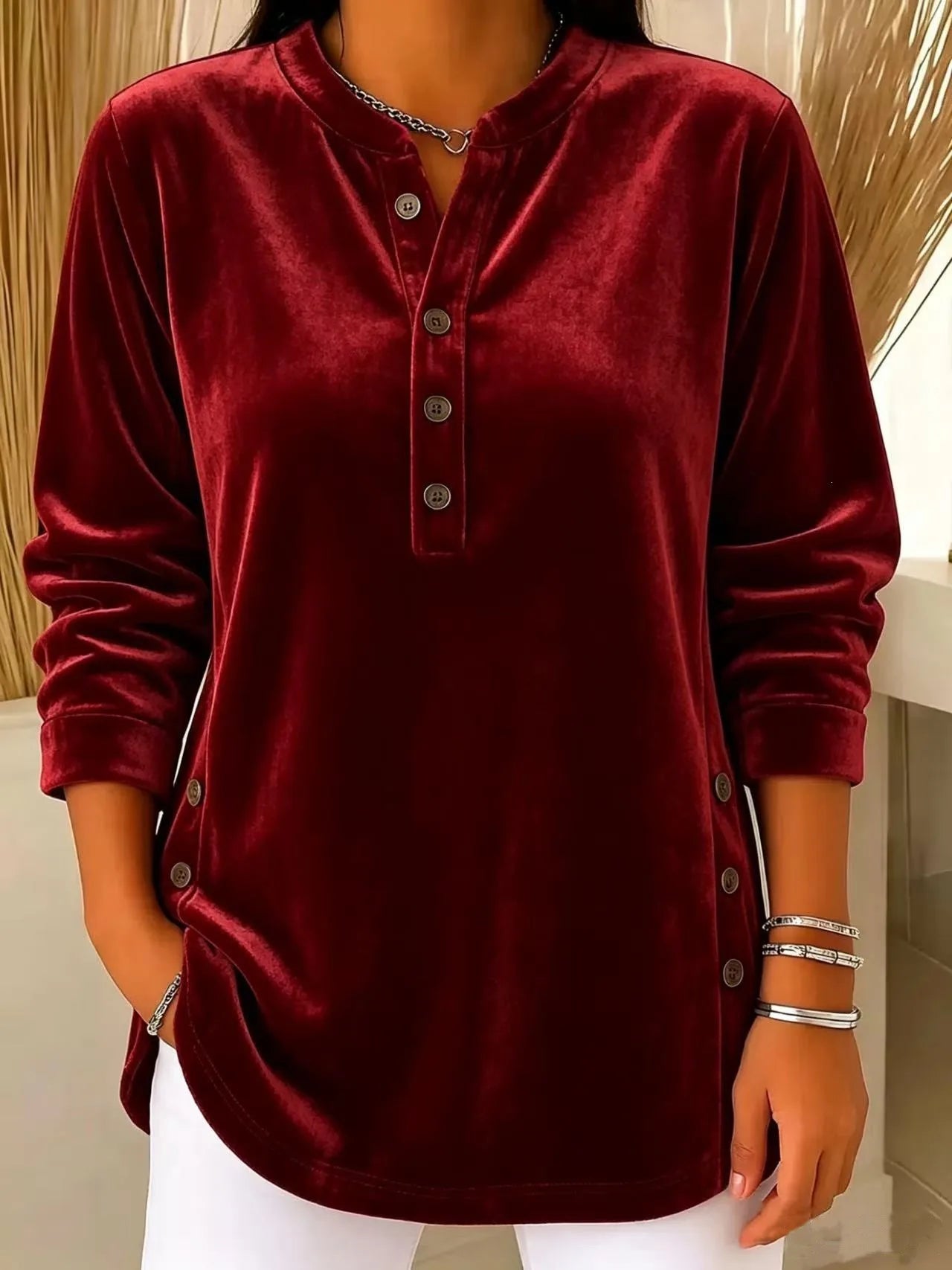 Women's Winter Blouse Longsleeve Velvet V Neck T Shirt Casual Split Hem Patchwork Top Light Blue Dusty Pink Lavender Purple