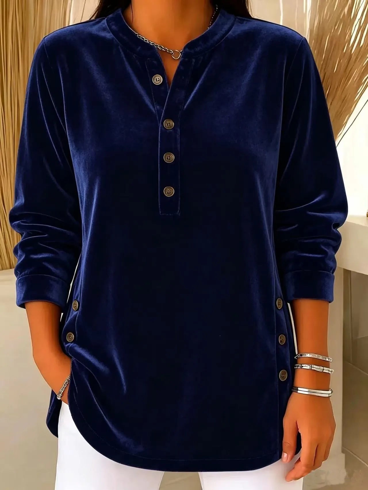 Women's Winter Blouse Longsleeve Velvet V Neck T Shirt Casual Split Hem Patchwork Top Light Blue Dusty Pink Lavender Purple