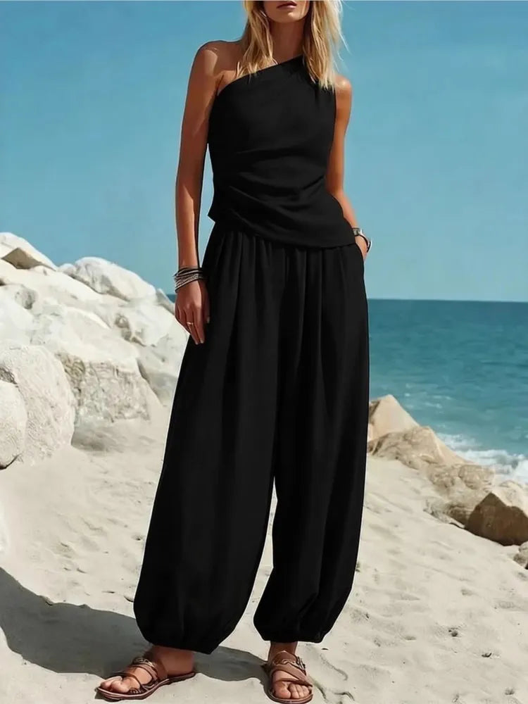 Fashion Slanted Shoulder Sleeveless Women's Tops Trousers 2 Piece Set Summer Casual Loose Wide-leg Trousers Female Vacation Set