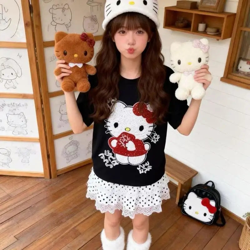 Cute Short-Sleeved Hello Kitty Summer New Style Cartoon Sequined Towel Embroidered T-Shirt for Women Popular Tops Fashionabl