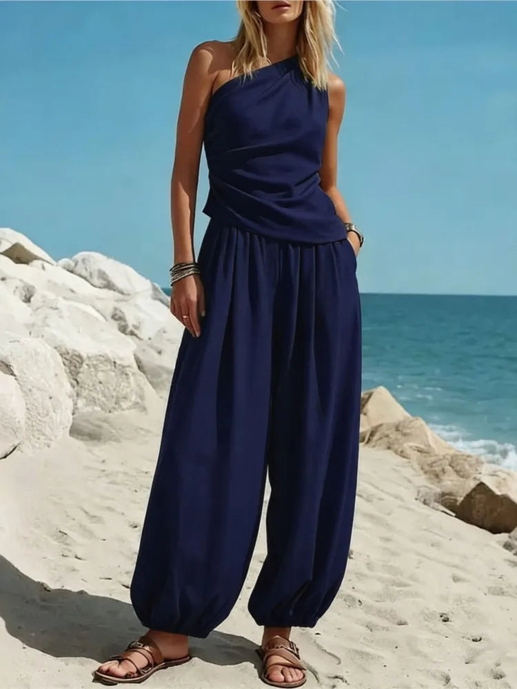 Fashion Slanted Shoulder Sleeveless Women's Tops Trousers 2 Piece Set Summer Casual Loose Wide-leg Trousers Female Vacation Set