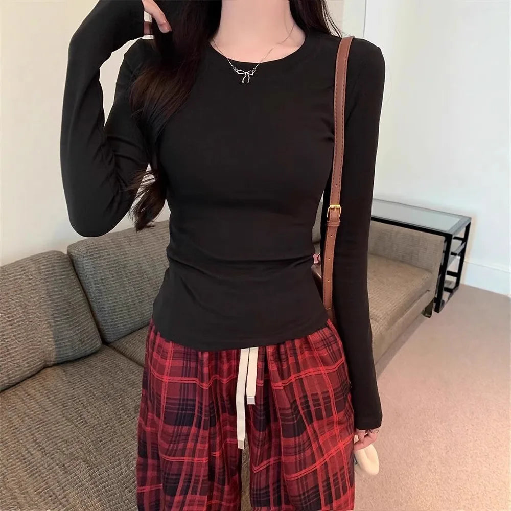 Women Cropped Long Sleeve T Shirts Slim Fitted Y2K Basic Layering Tops Sexy Figure-Hugging Going Out Long Sleeve Blouses