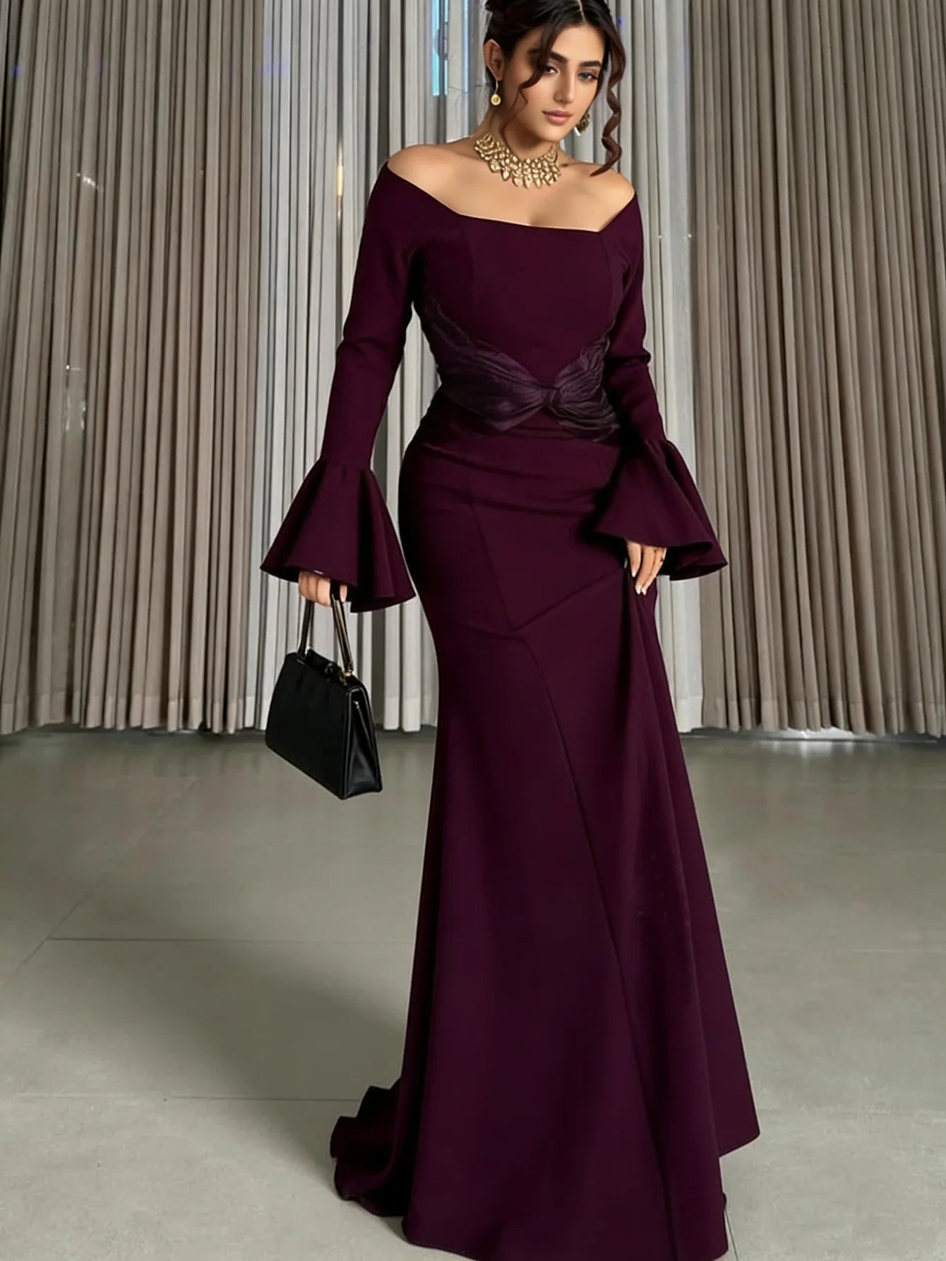 Women's Off Shoulder Mermaid Evening Dress Long Flare Sleeve Formal Party Gown