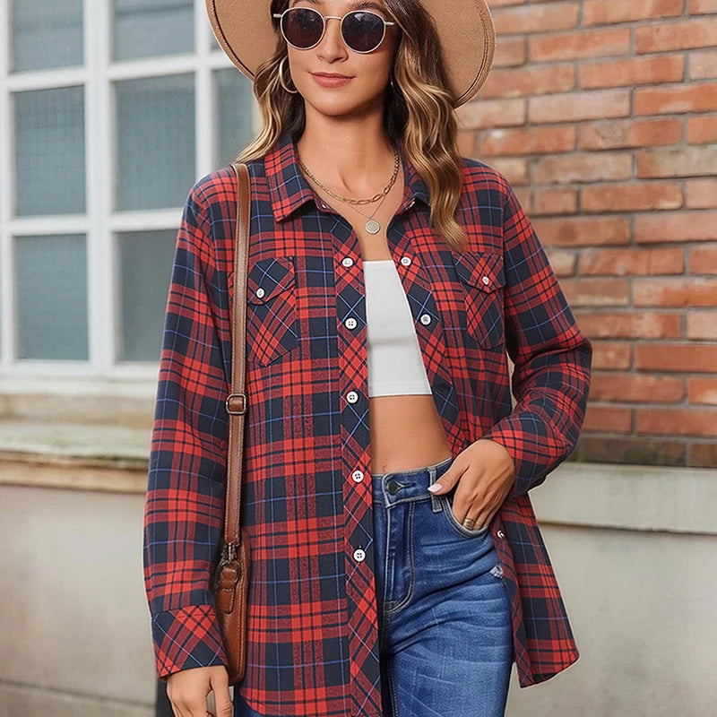 Women's Plaid Flannel Shirt Casual Long Sleeve Button Down Blouse Loose Fit Plaid Top For Spring Fall Daily Wear