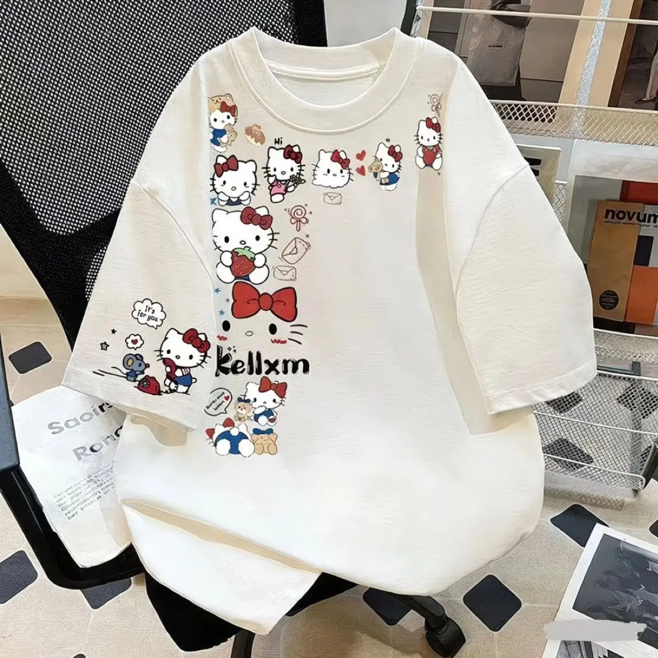 Short-Sleeved T-Shirt Hello Kitty Summer Popular Lazy Style Sanrio Women's Versatile Tops Cartoon Loose Unique Design Leisure