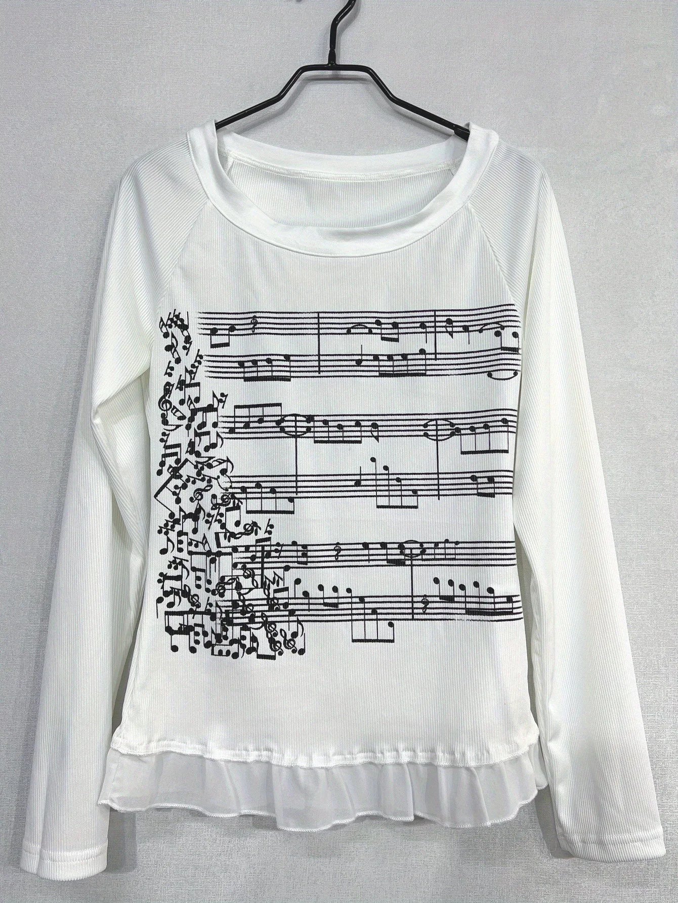 Music Note Print Long Sleeve Top Women Round Neck Casual Korean Style T Shirt Streetwear Harajuku Aesthetic Tee