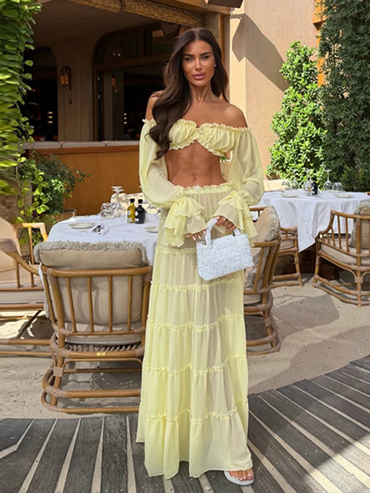 Elegant Yellow Off Shoulder 2 Piece Set Women Ruffled Sheer Chiffon Crop Top High Waist Maxi Skirt Summer Beach Vacation Outfit