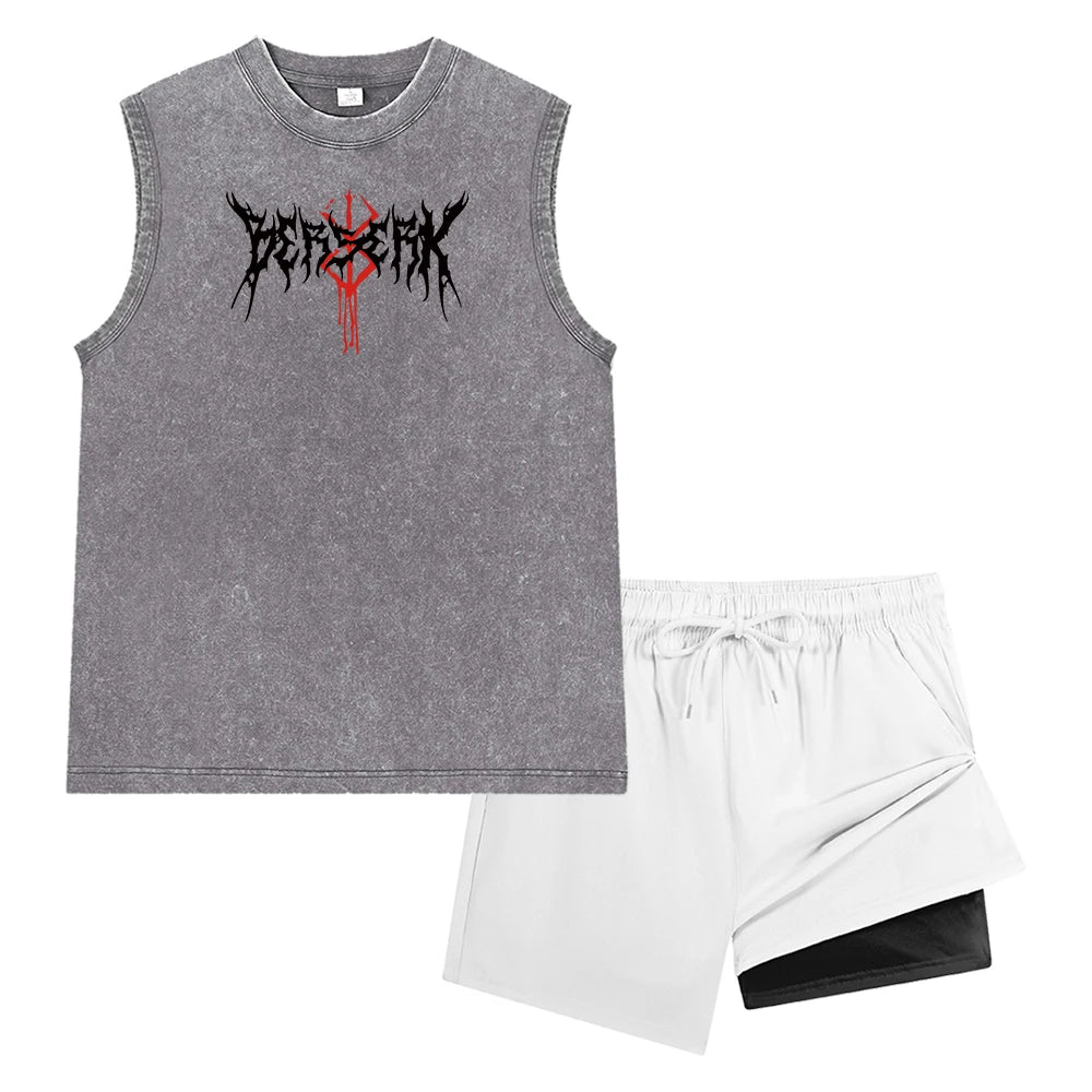 Men Vintage Washed Sleeveless Tank Top Double Layer Compression Liner Drawstring Beach Shorts Spiky Blackmetal Typography Print