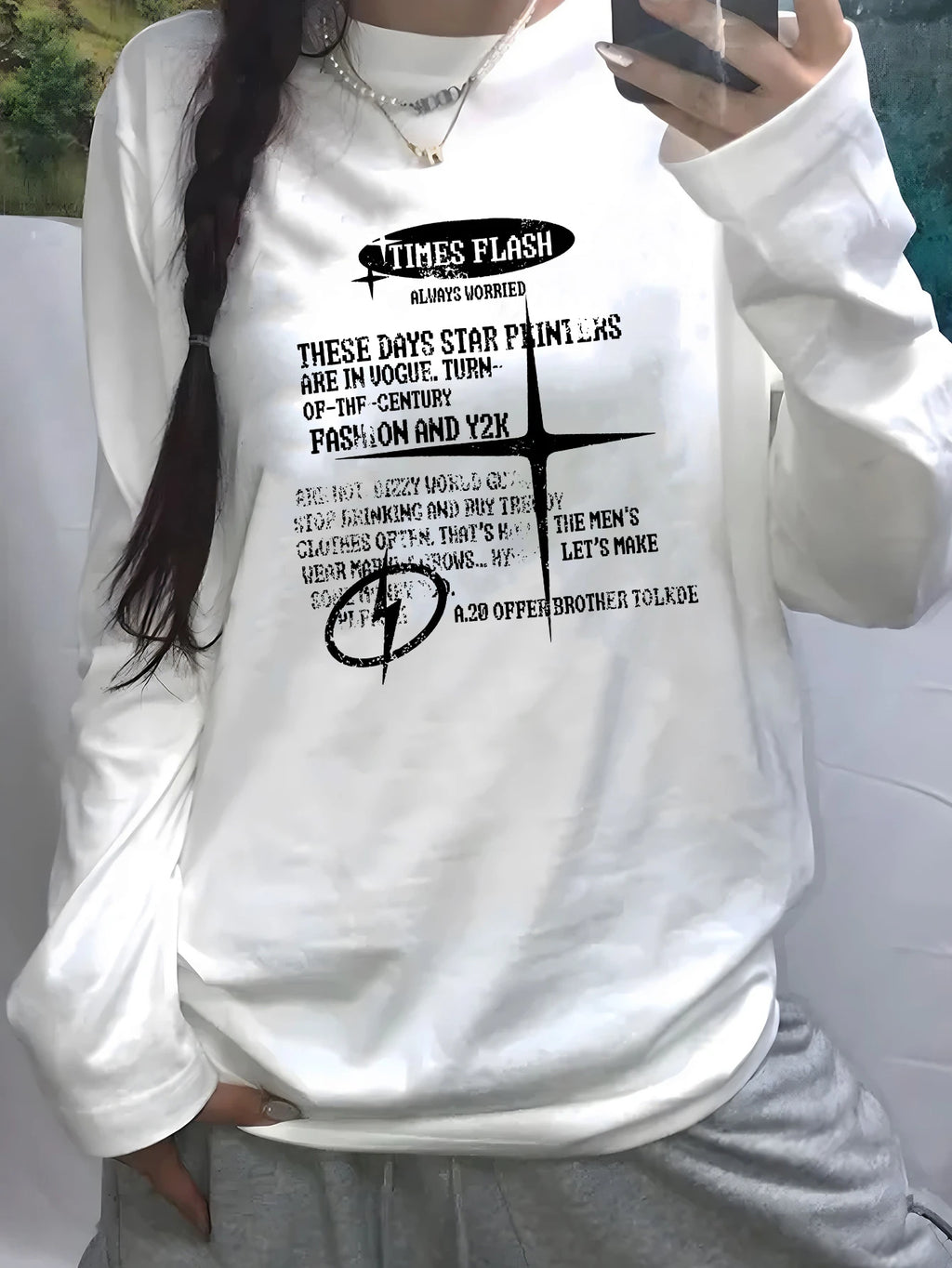 Y2K Retro Star & Letter Graphic Cotton T-Shirt for Women - Oversized Long Sleeve Casual Top with Geometric Print