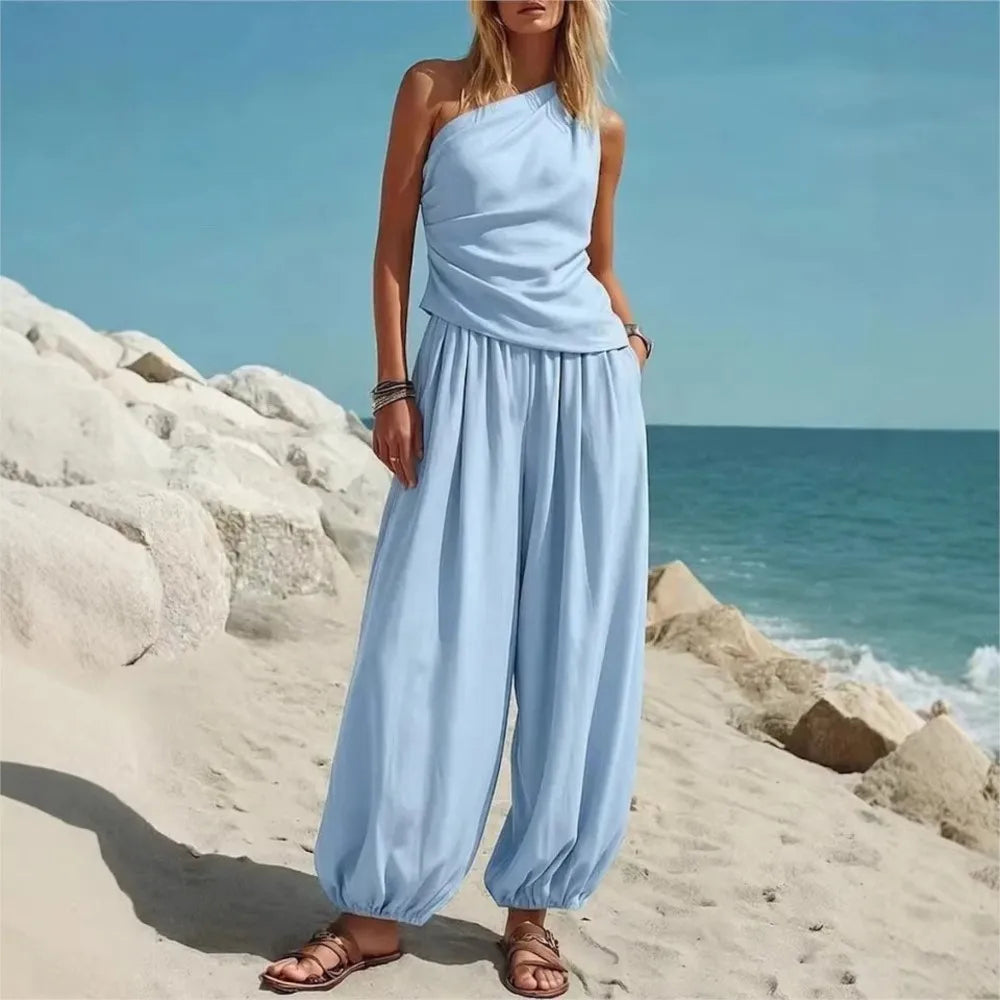 Fashion Slanted Shoulder Sleeveless Women's Tops Trousers 2 Piece Set Summer Casual Loose Wide-leg Trousers Female Vacation Set