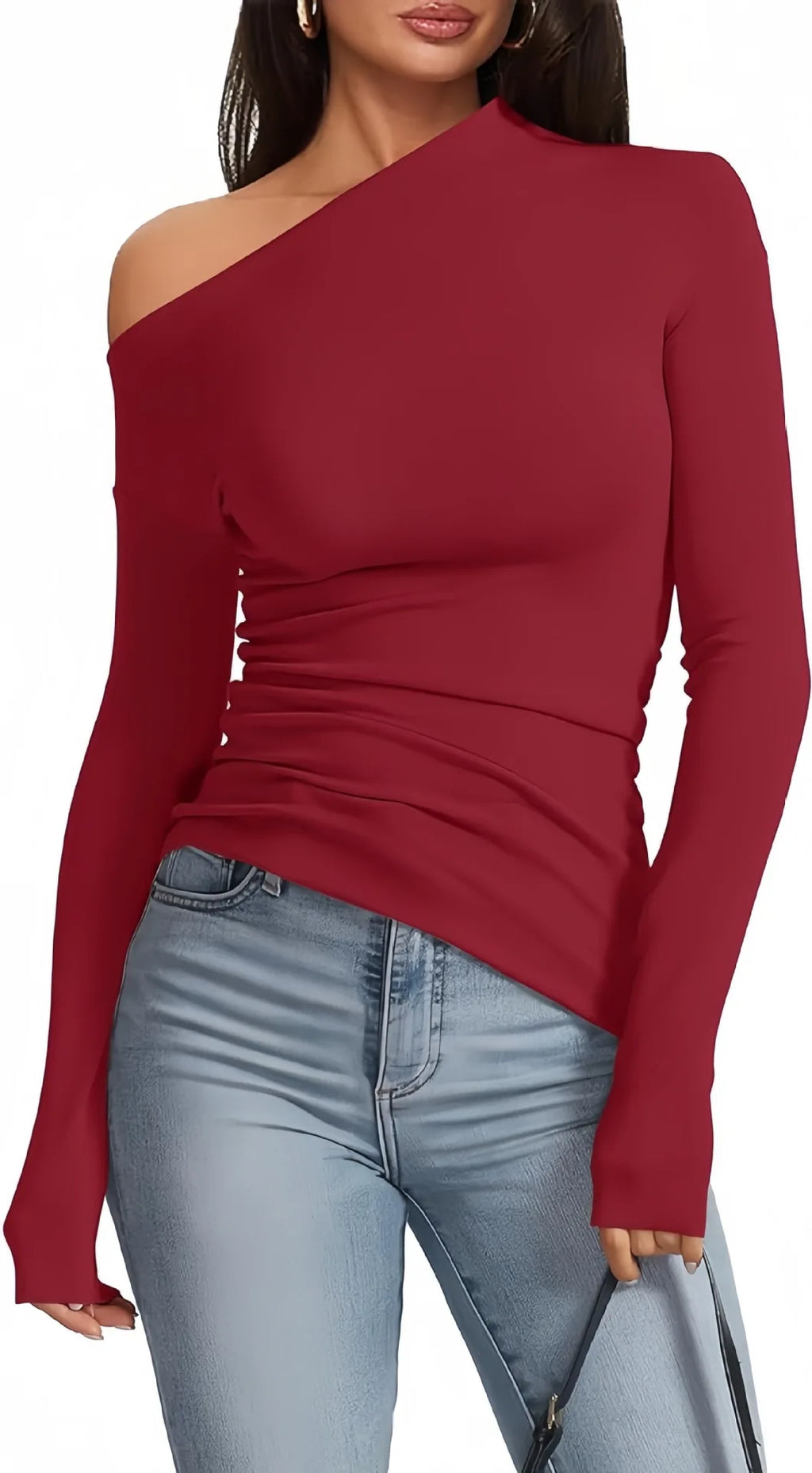 Off-Shoulder Long Sleeve T-Shirt Women, Slim Fit Solid Color Basic Top for Autumn Winter Casual Wear