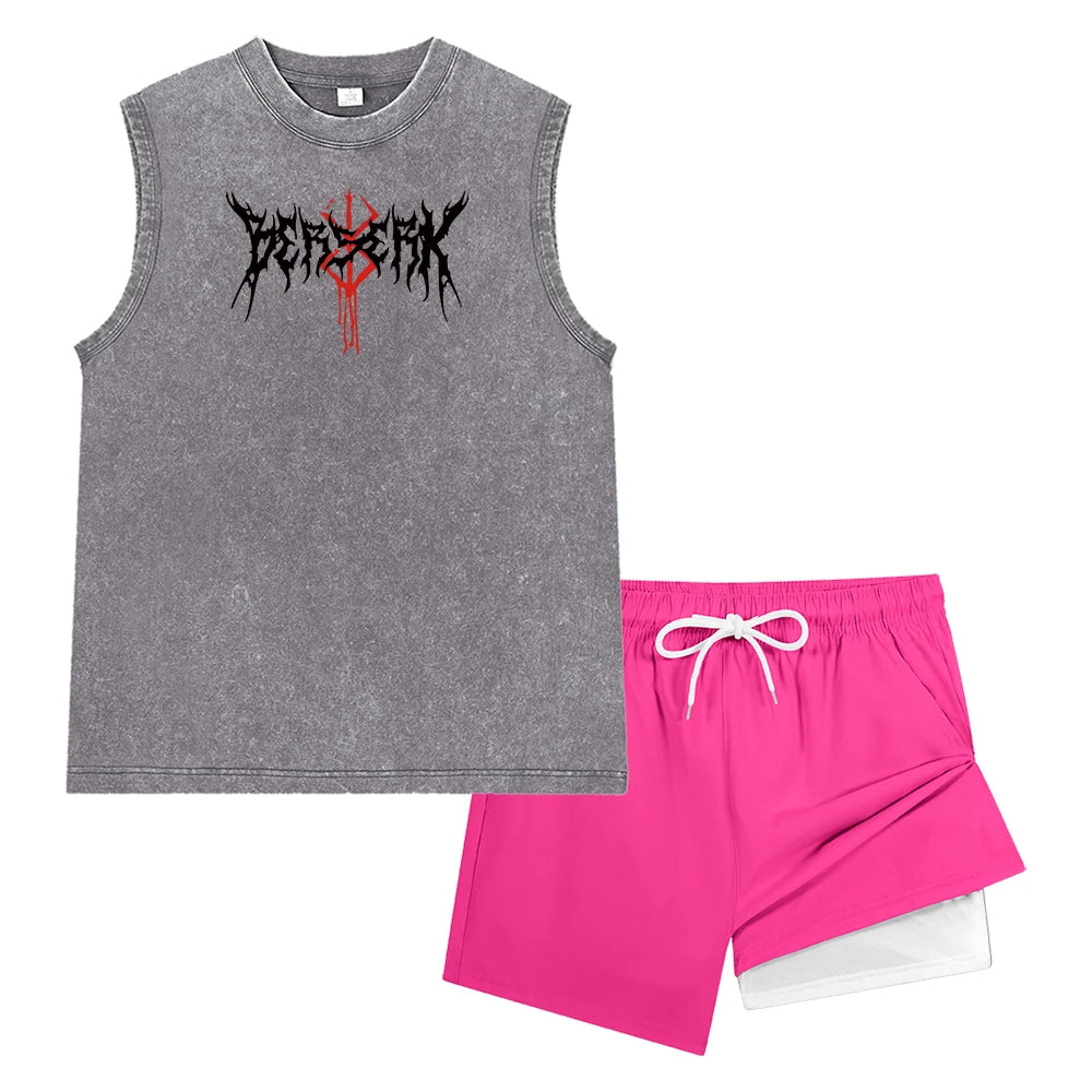 Men Vintage Washed Sleeveless Tank Top Double Layer Compression Liner Drawstring Beach Shorts Spiky Blackmetal Typography Print