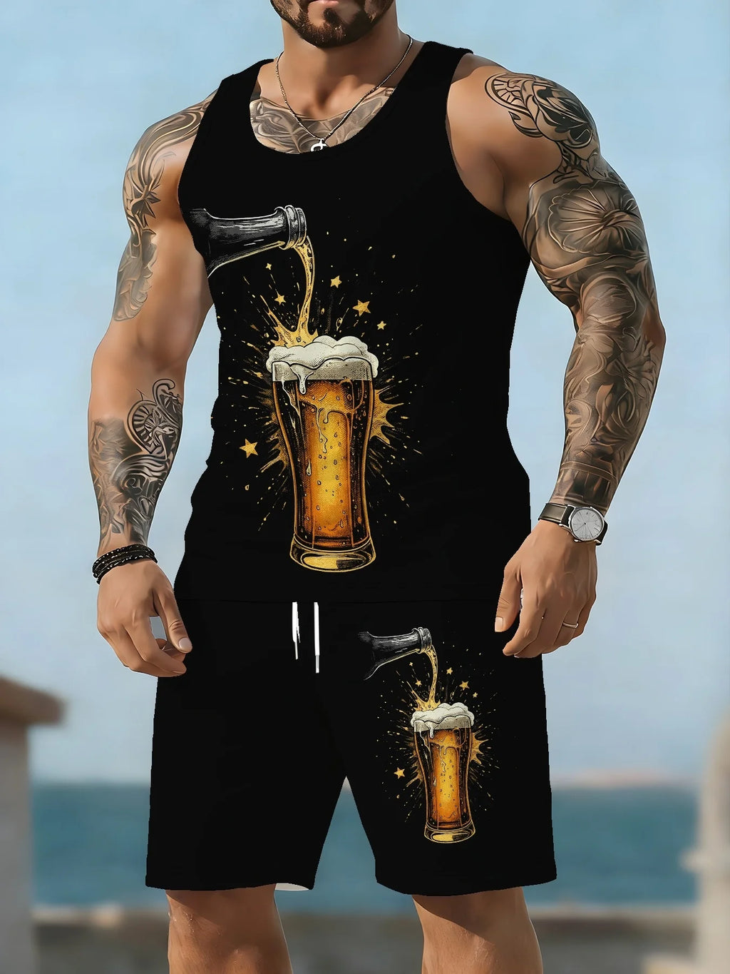 Fun Beer Quick-Dry Sports Two-Piece Set: Breathable Sleeveless Top and Beach Shorts for Men Including Beer Mug