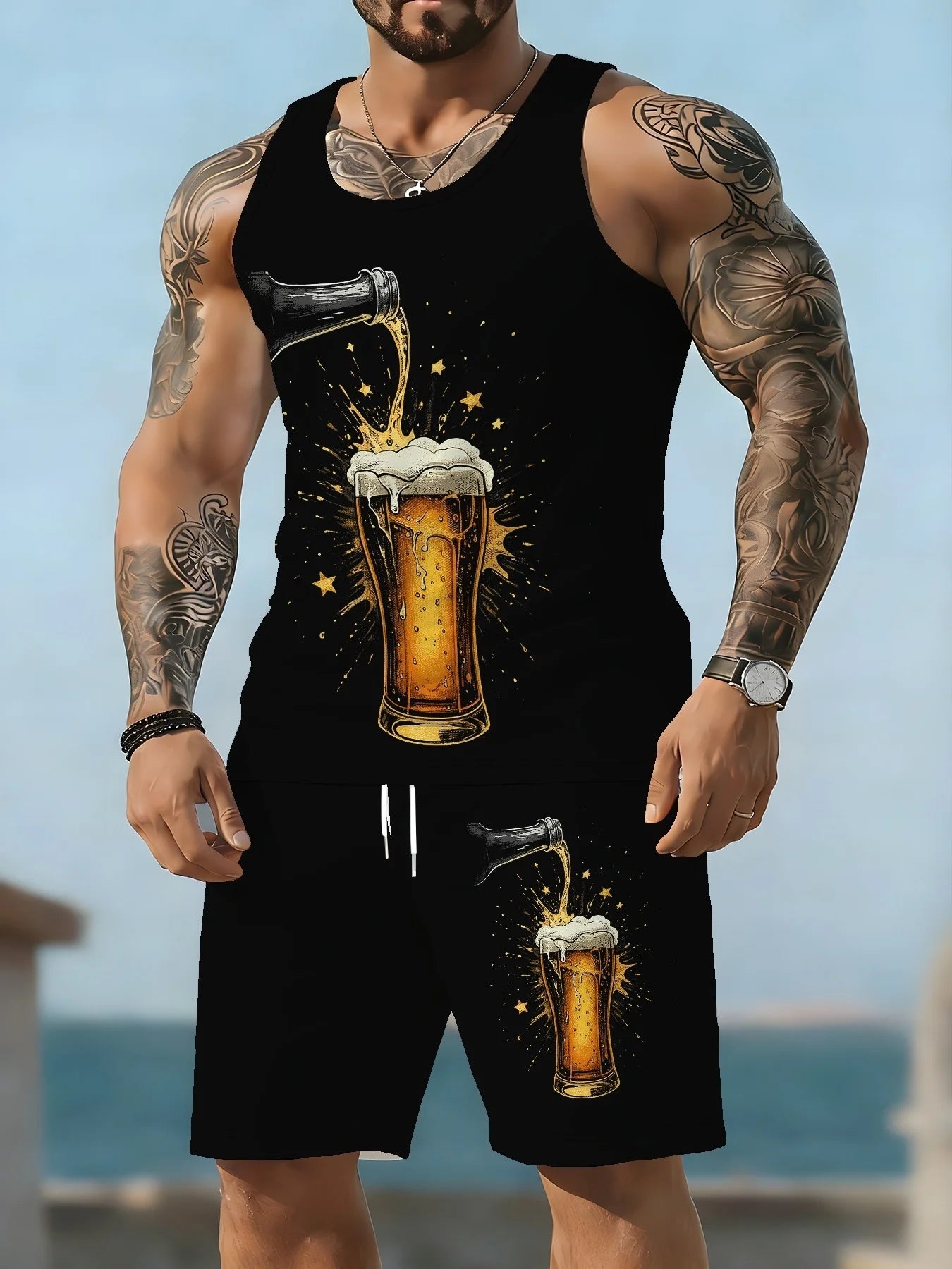 Fun Beer Quick-Dry Sports Two-Piece Set: Breathable Sleeveless Top and Beach Shorts for Men Including Beer Mug