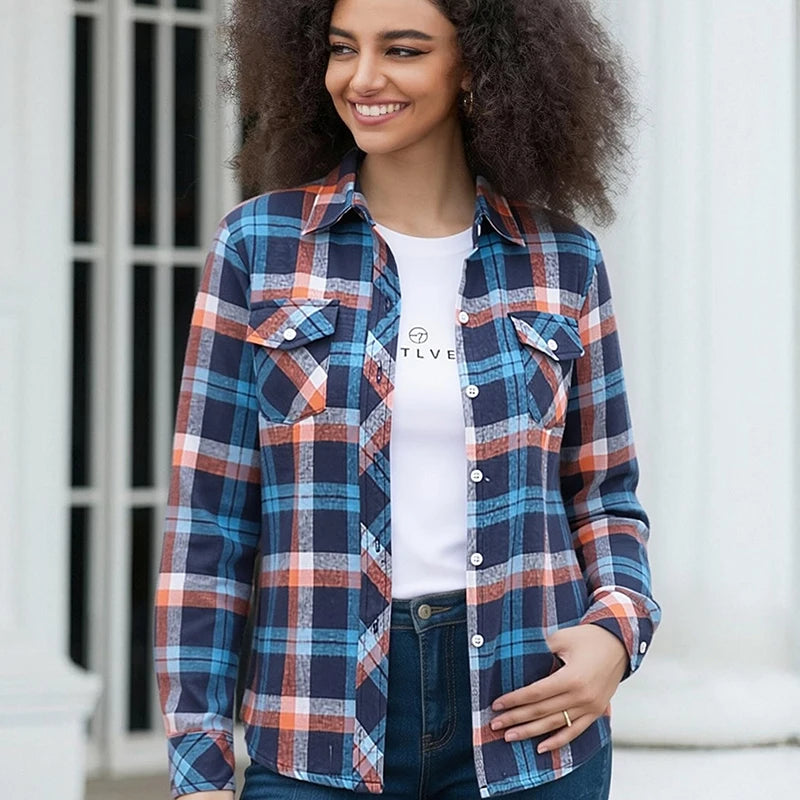 Women's Plaid Flannel Shirt Casual Long Sleeve Button Down Blouse Loose Fit Plaid Top For Spring Fall Daily Wear