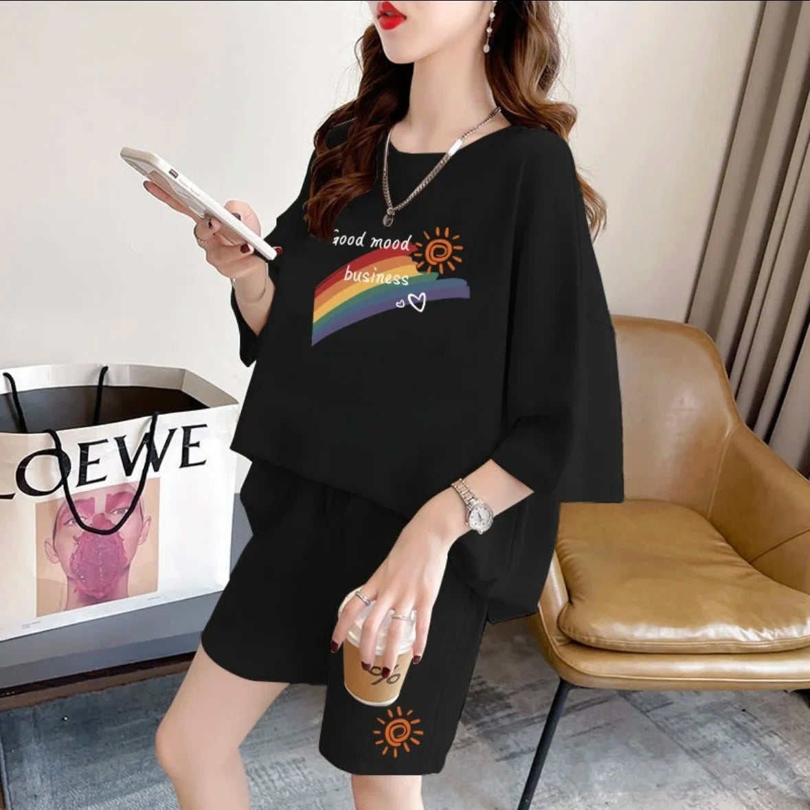 Fashion women's summer shorts set, sportswear, oversized short sleeved T-shirt, 2-piece set, sportswear, women's casual clothing