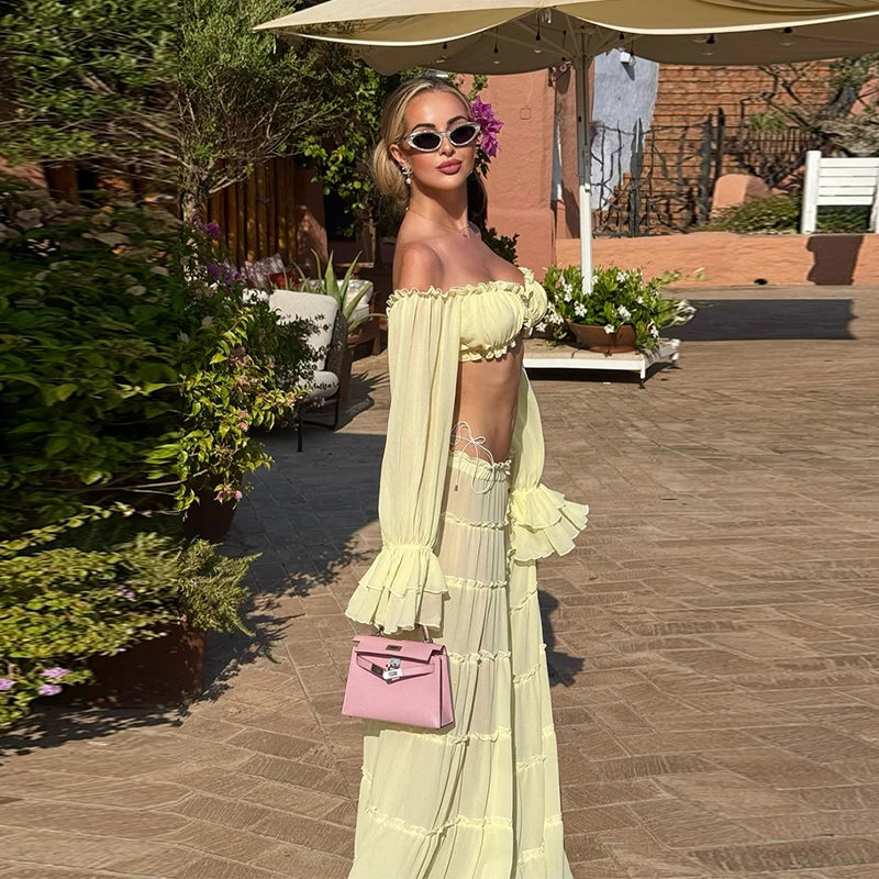 Elegant Yellow Off Shoulder 2 Piece Set Women Ruffled Sheer Chiffon Crop Top High Waist Maxi Skirt Summer Beach Vacation Outfit